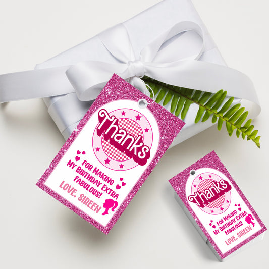Barbie Birthday Theme Thank You Tag | Customized Return Gift Tags for Girls Birthday Party