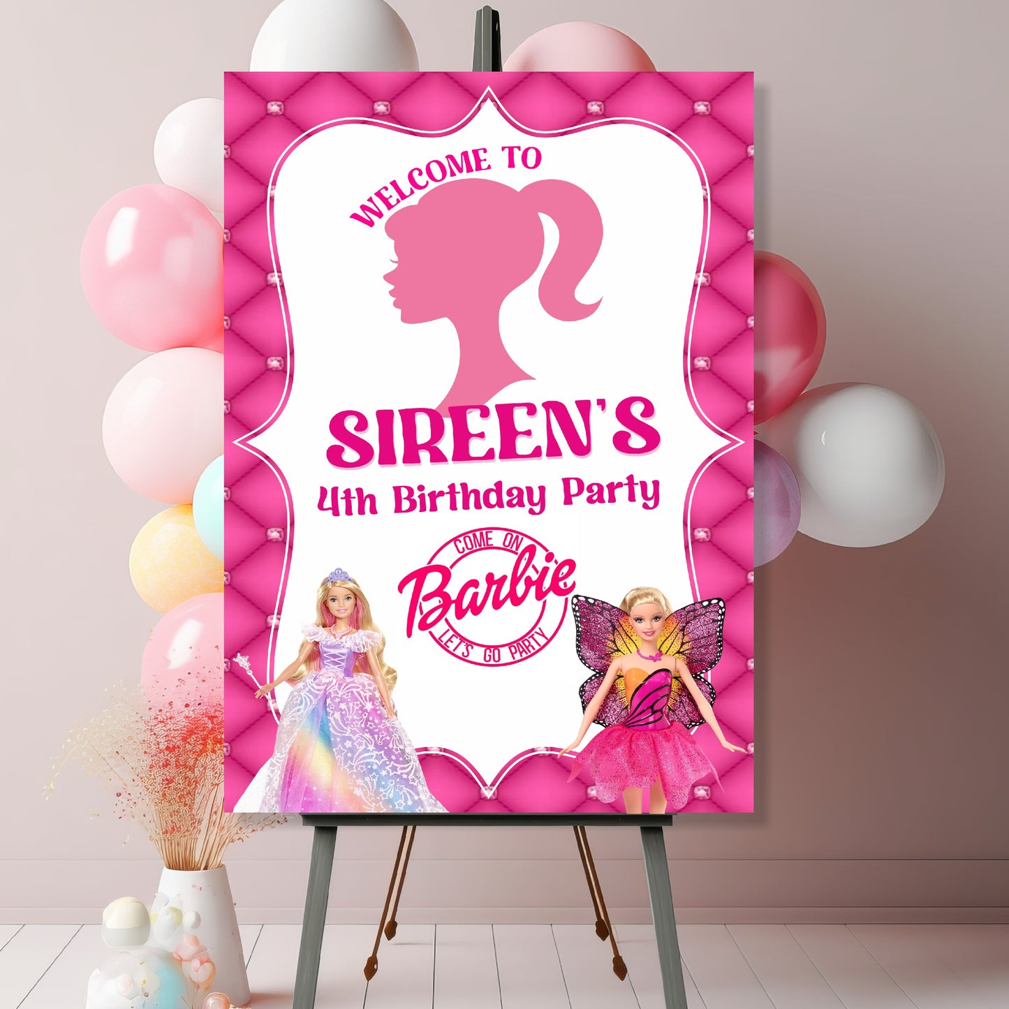 Customized Barbie Birthday Theme Welcome Board for Girls Birthday Party Decoration