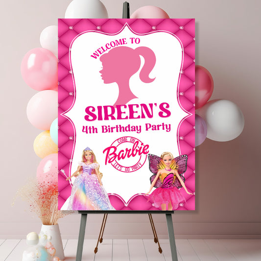 Customized Barbie Birthday Theme Welcome Board for Girls Birthday Party Decoration