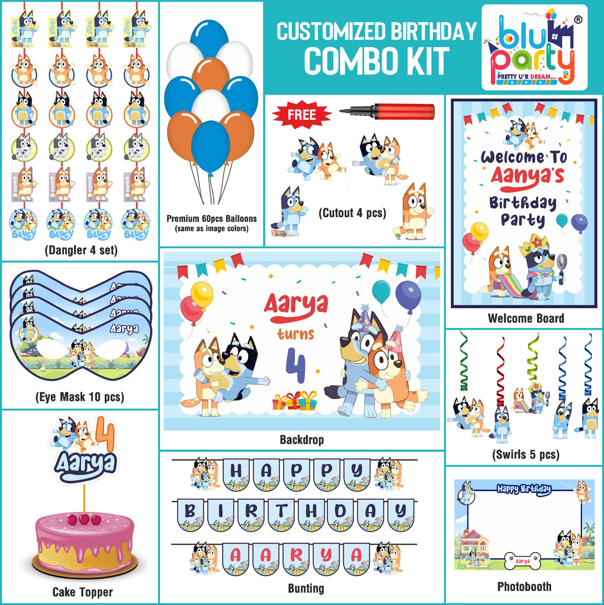Bluey Birthday Theme Personalized Compact Combo Kit | Kids Party Decoration