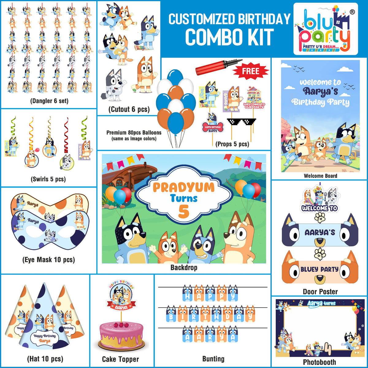 Bluey Birthday Theme Personalized Smart Combo Kit | Kids Party Decoration