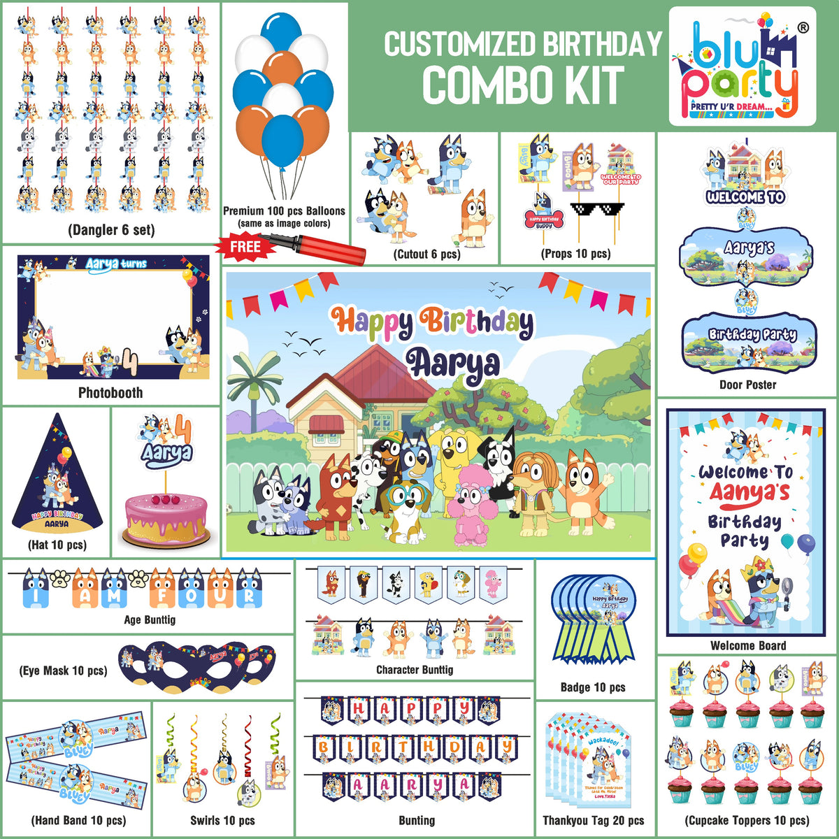Bluey Birthday Theme Personalized Prime Combo Kit | Kids Party Decoration