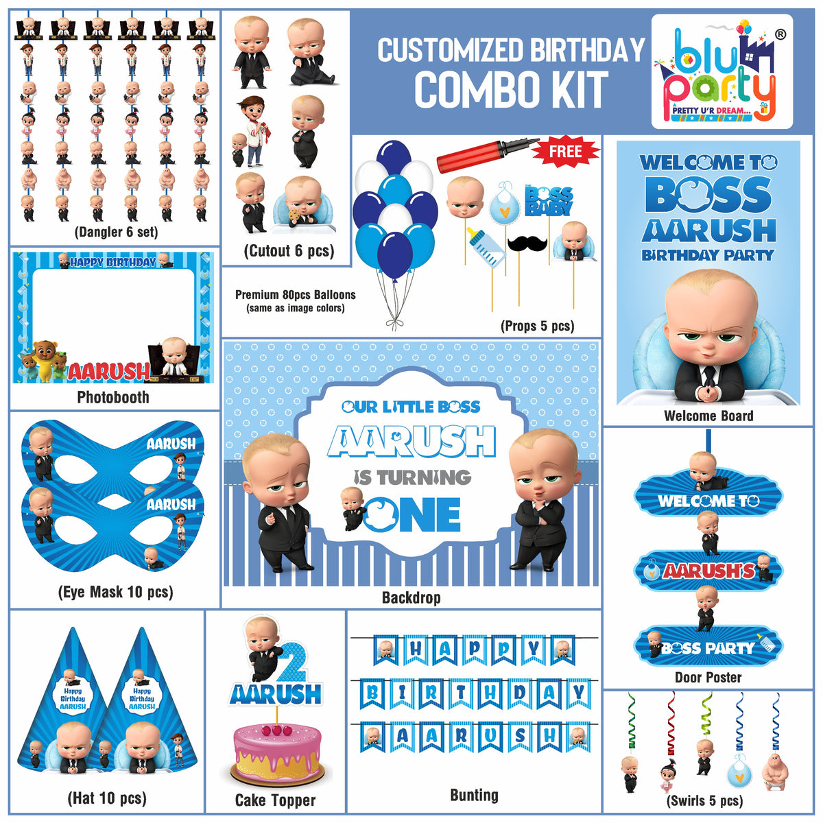 Boss Baby Birthday Theme Personalized Smart Combo Kit | Kids Party Decoration