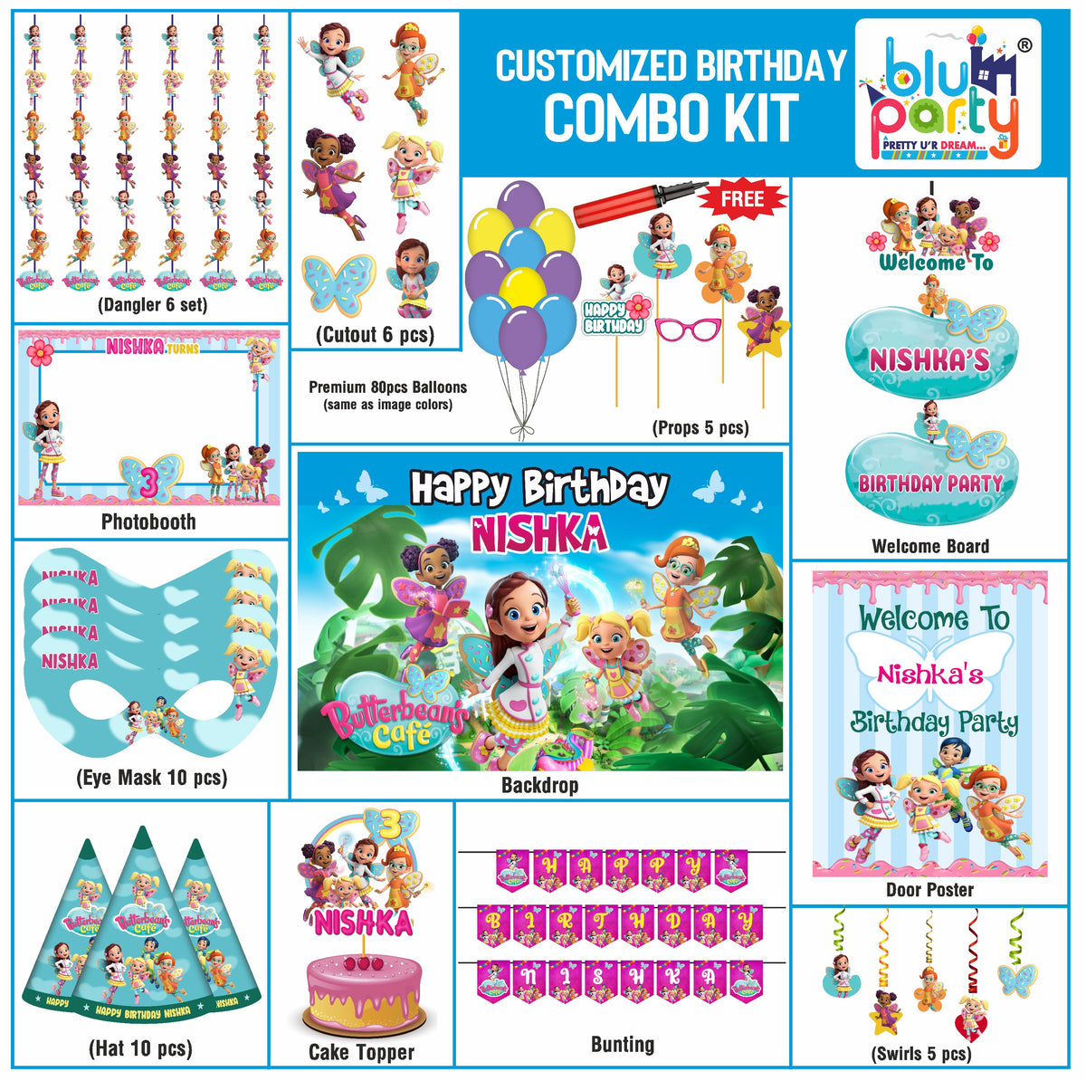 Butterbean's Cafe Birthday Theme Personalized Smart Combo Kit | Kids Party Decoration