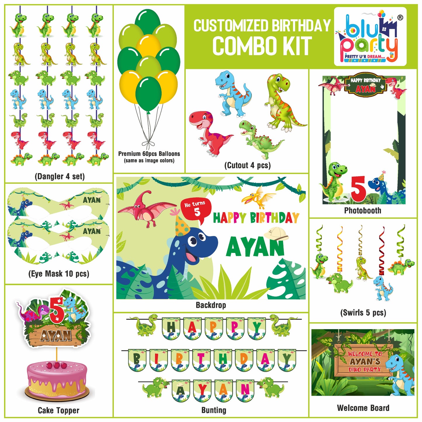 Dinosaur birthday theme personalized compact combo kit for kids party decoration