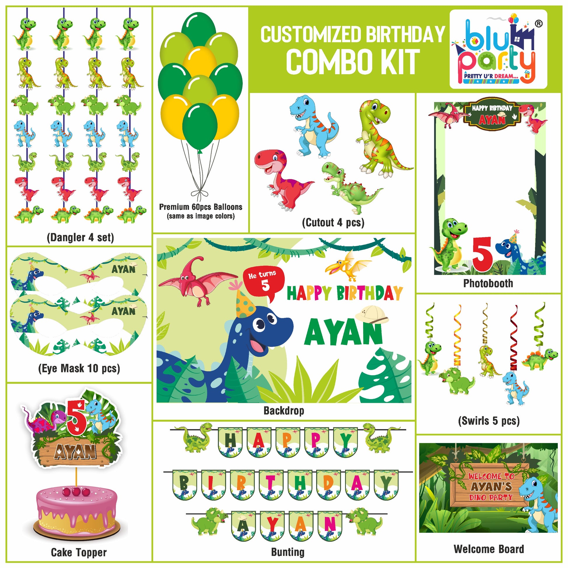 Dinosaur birthday theme personalized compact combo kit for kids party decoration