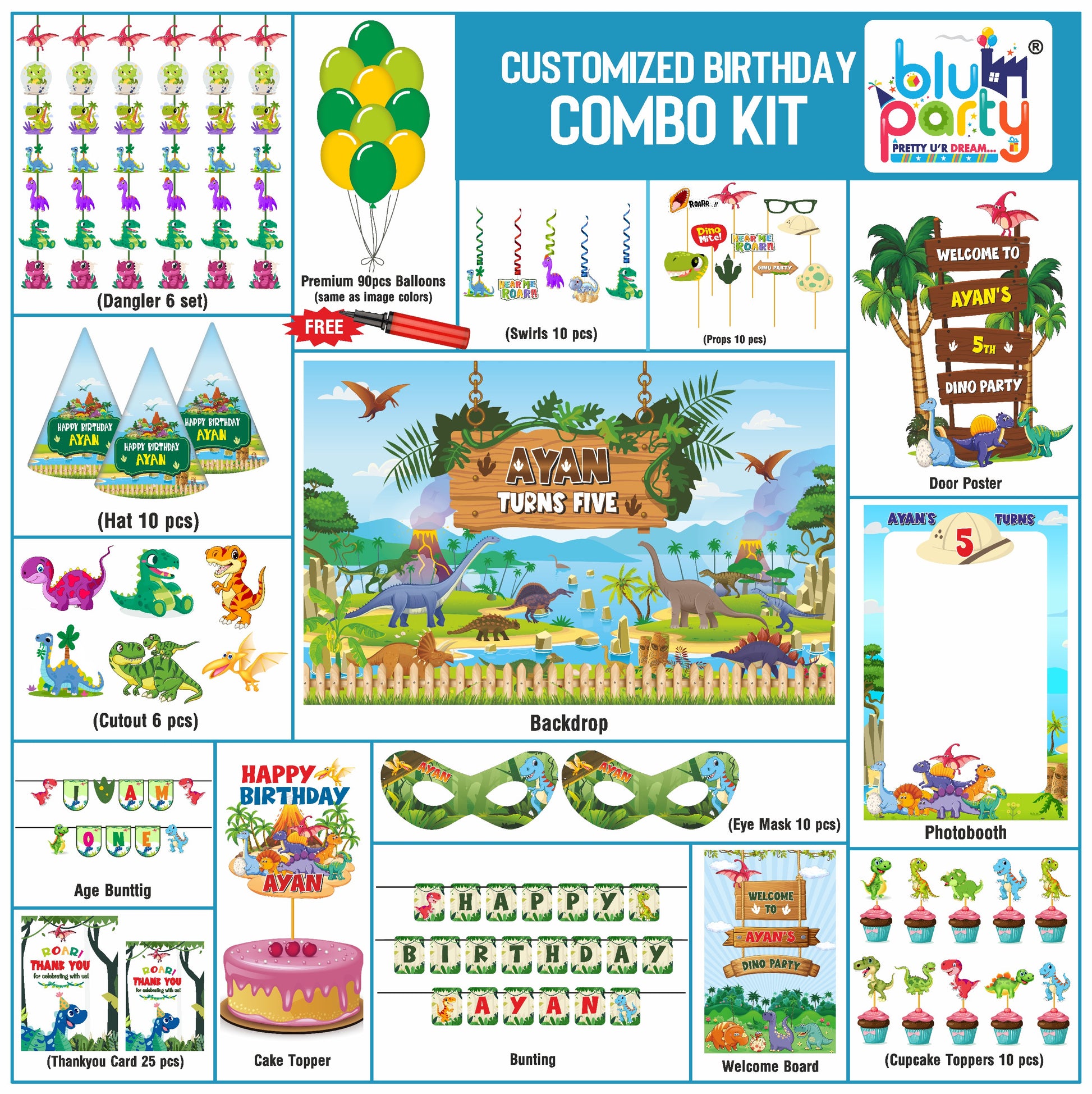 Dinosaur birthday theme personalized elite combo kit for kids party decoration