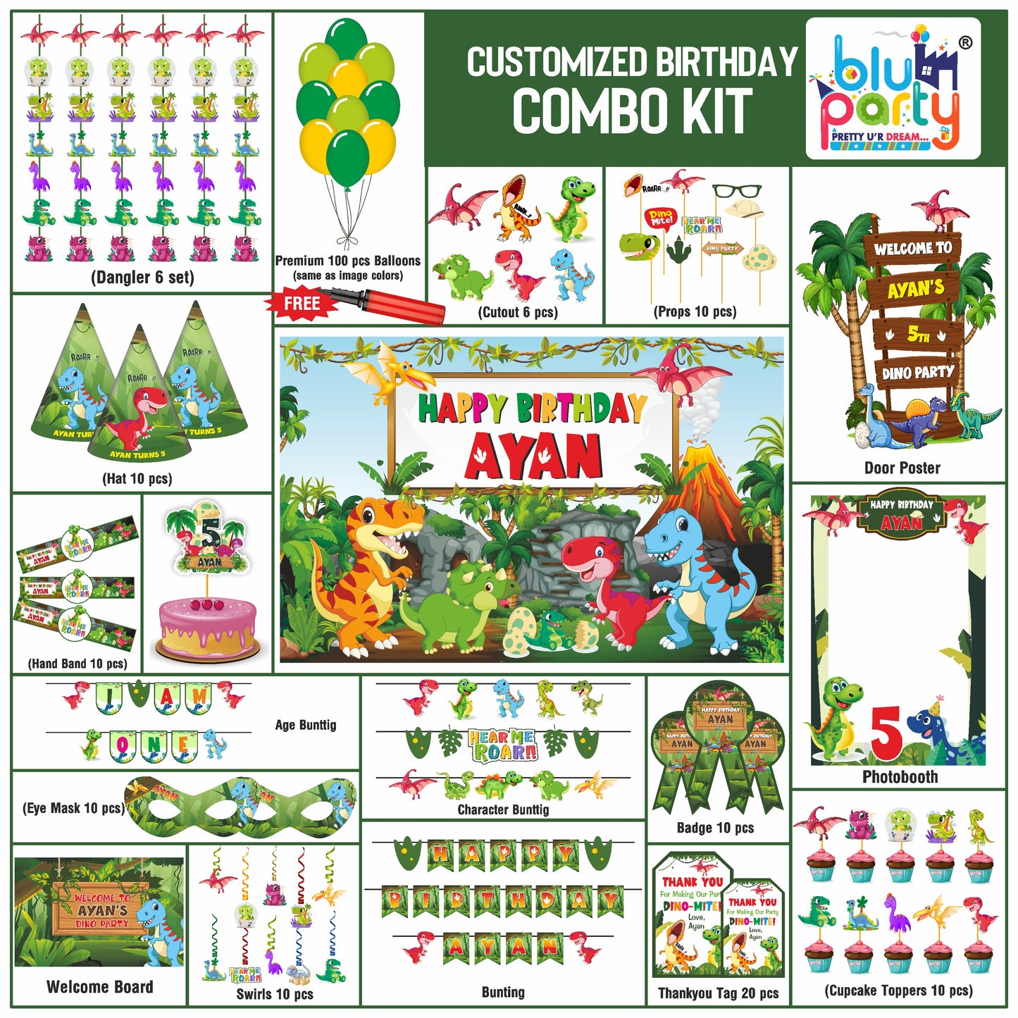 Dinosaur birthday theme personalized Prime combo kit for kids party decoration