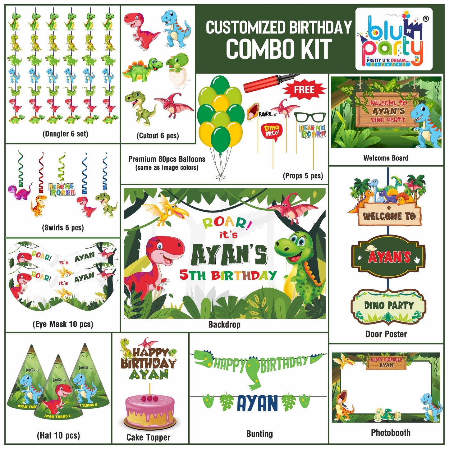 Dinosaur birthday theme personalized smart combo kit for kids party decoration