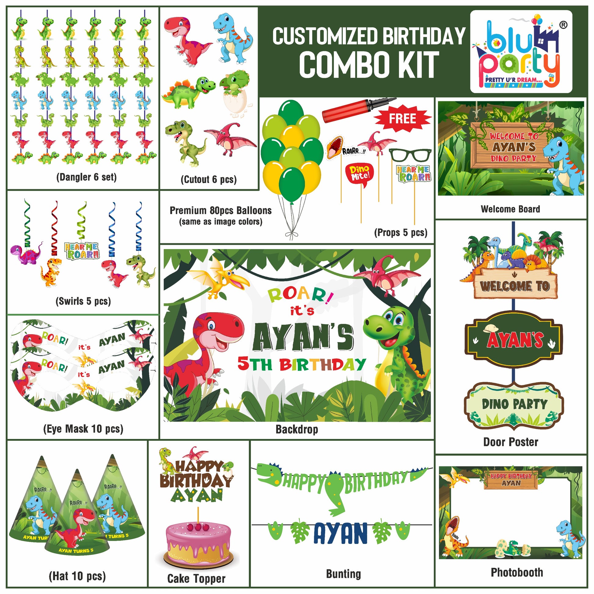 Dinosaur birthday theme personalized smart combo kit for kids party decoration