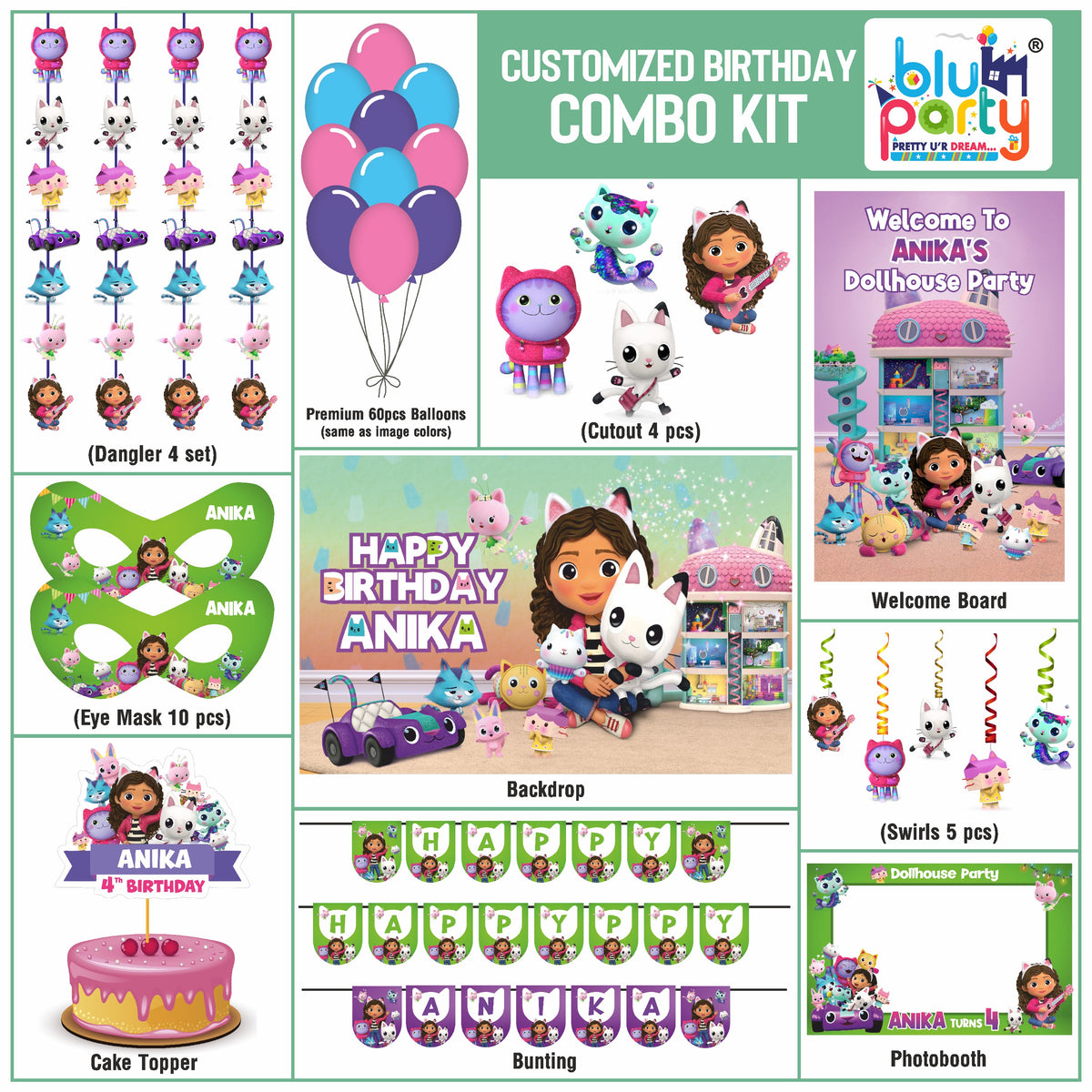 Gabby’s Dollhouse Birthday Theme Personalized Compact Combo Kit | Kids Party Decoration