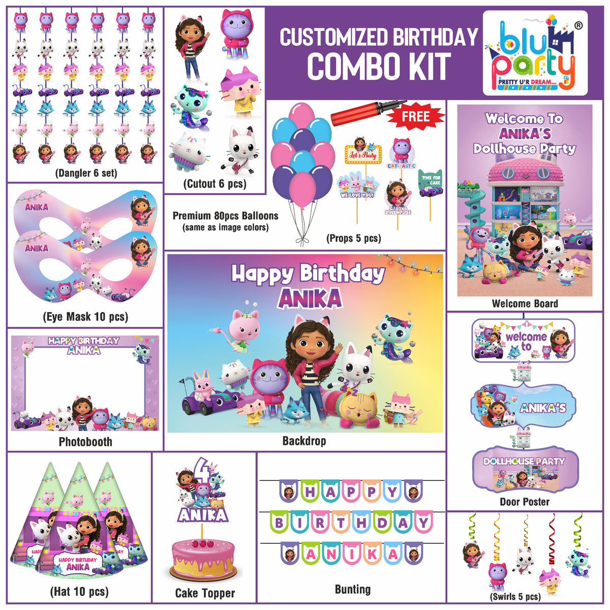 Gabby’s Dollhouse Birthday Theme Personalized Smart Combo Kit | Kids Party Decoration