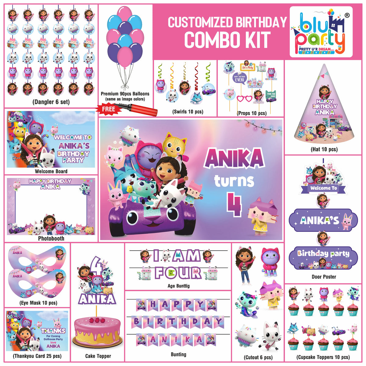 Gabby’s Dollhouse Birthday Theme Personalized Elite Combo Kit | Kids Party Decoration