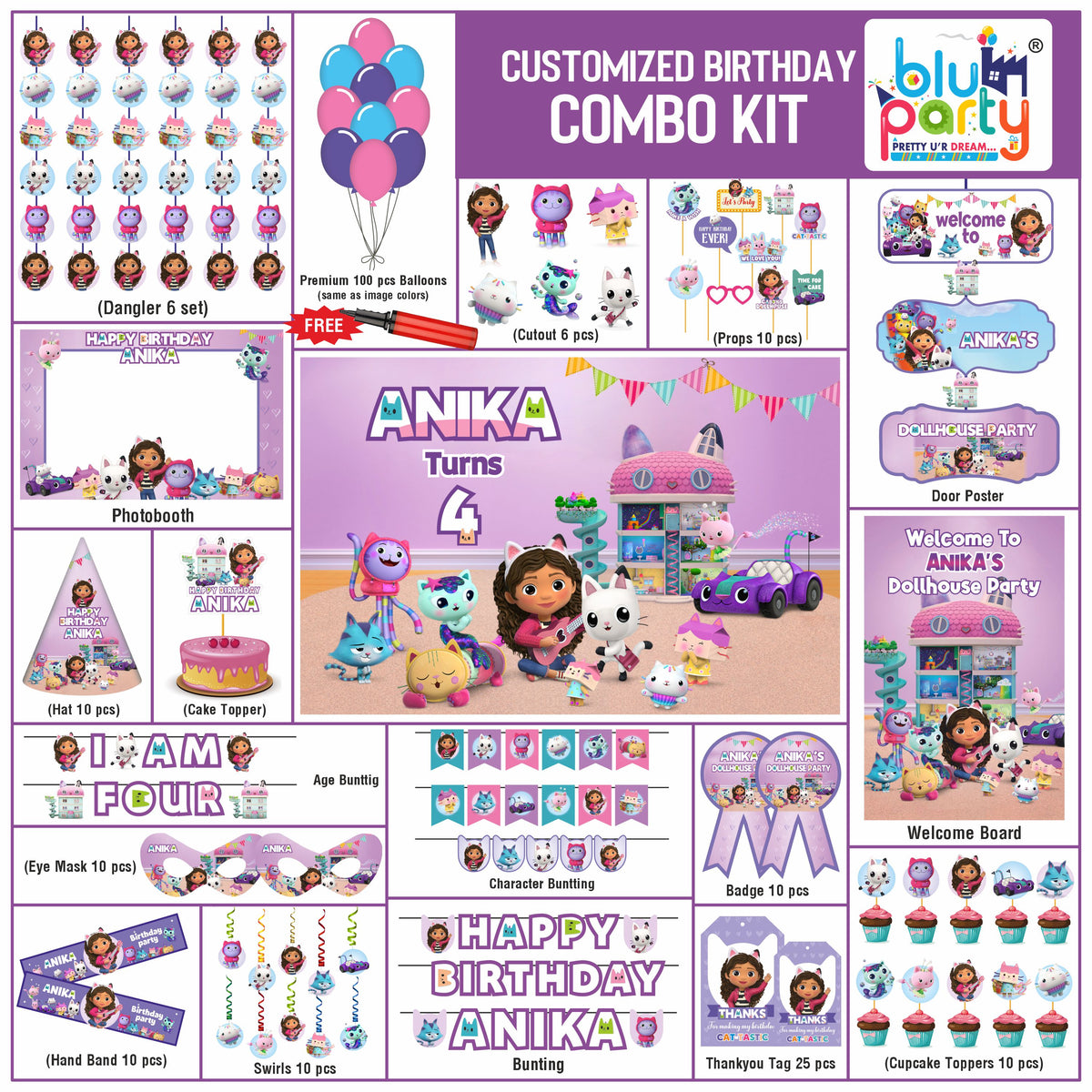 Gabby’s Dollhouse Birthday Theme Personalized Prime Combo Kit | Kids Party Decoration