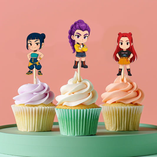 kpop demon hunters birthday theme character cupcake toppers on cupcake