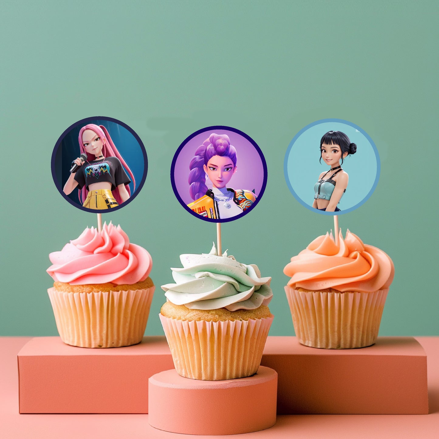 kpop demon hunters birthday theme round cupcake toppers on cupcake