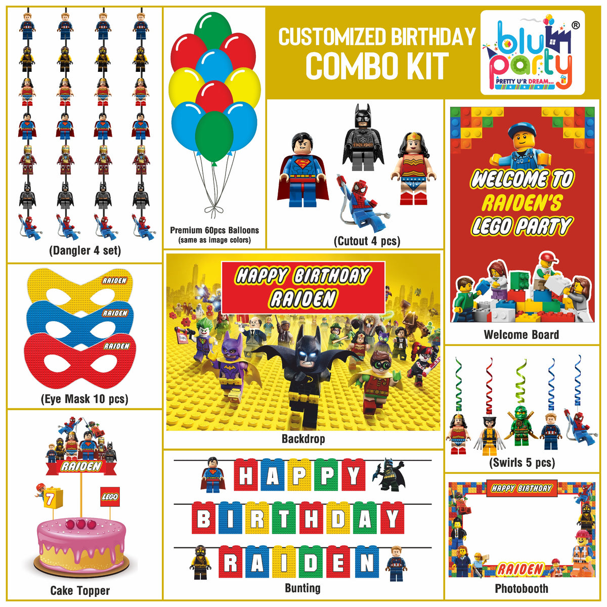 Lego Birthday Theme Personalized Compact Combo Kit | Kids Party Decoration