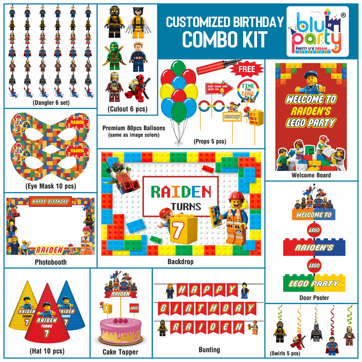 Lego Birthday Theme Personalized Smart Combo Kit | Kids Party Decoration