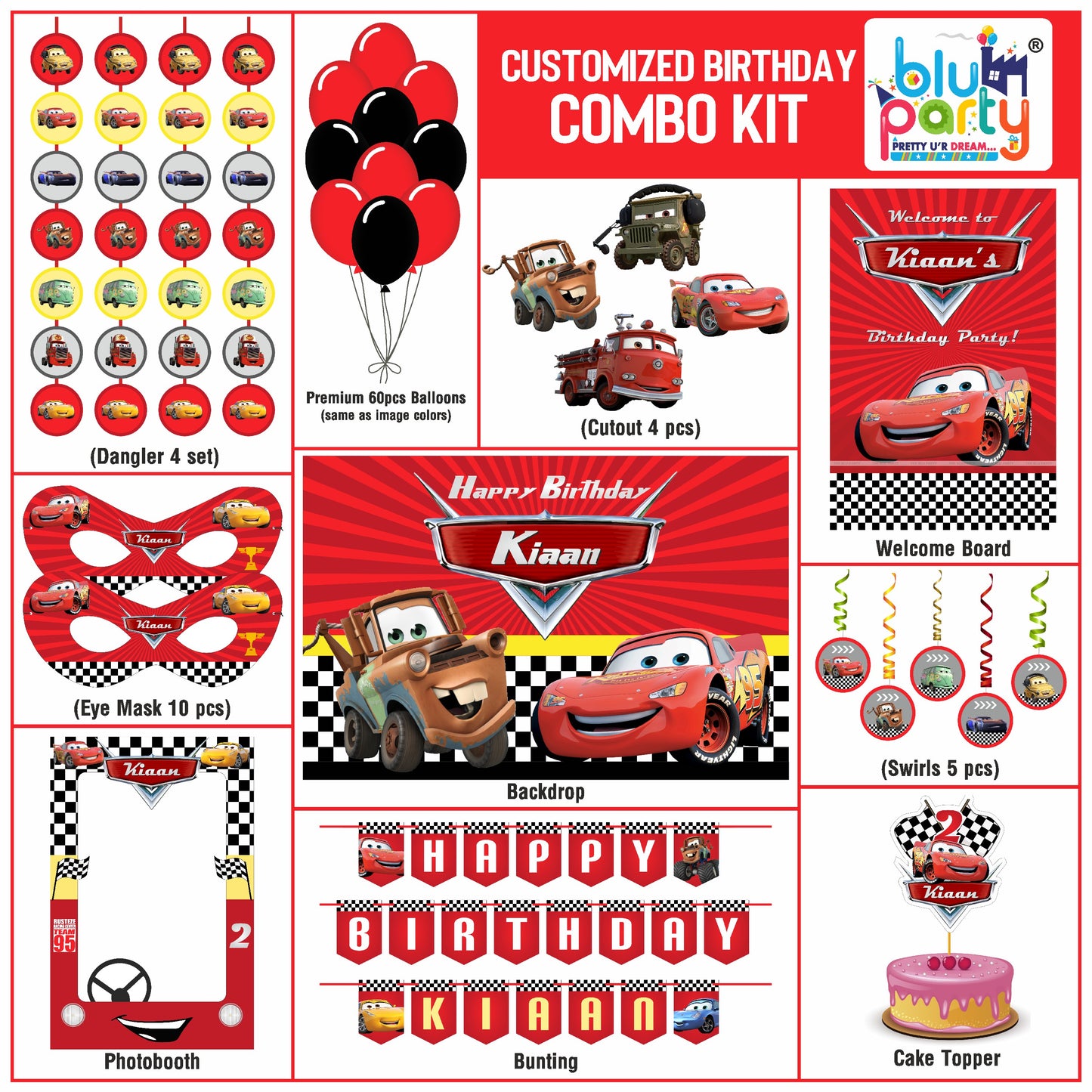 McQueen Cars birthday theme personalized compact combo kit for kids party decoration