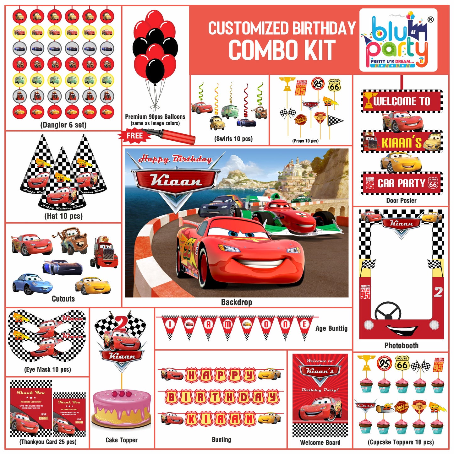 McQueen Cars birthday theme personalized elite combo kit for kids party decoration