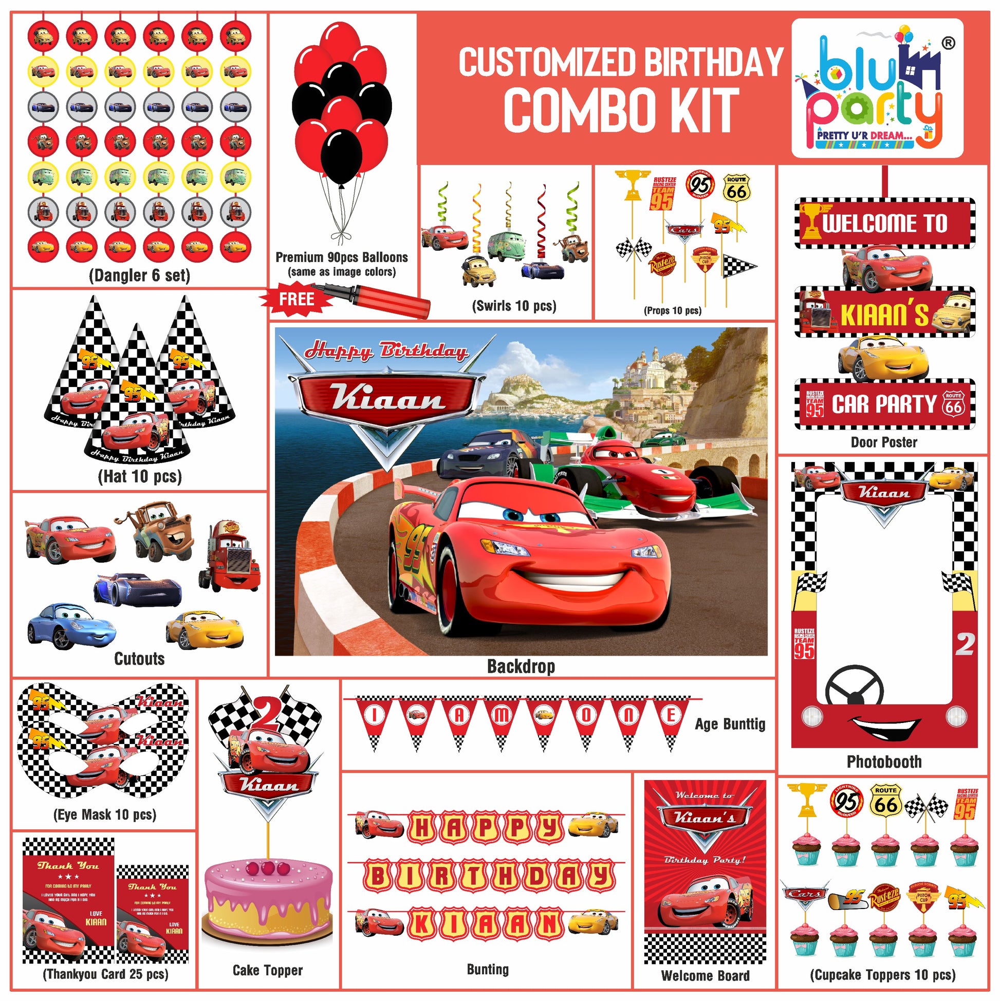 McQueen Cars birthday theme personalized elite combo kit for kids party decoration