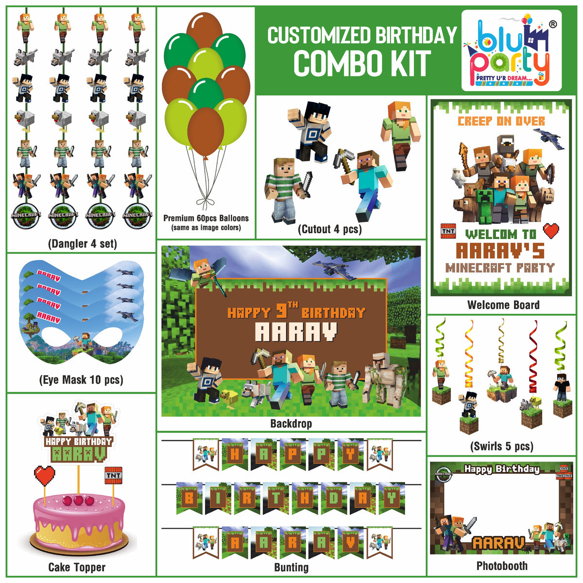 Minecraft Birthday Theme Personalized Compact Combo Kit | Kids Party Decoration