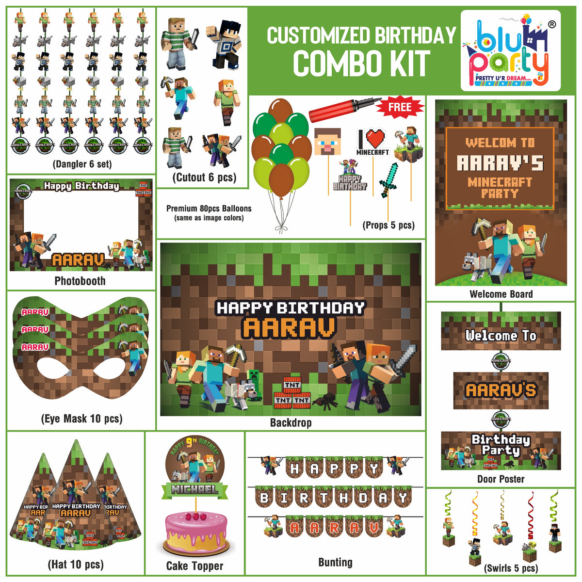 Minecraft Birthday Theme Personalized Smart Combo Kit | Kids Party Decoration