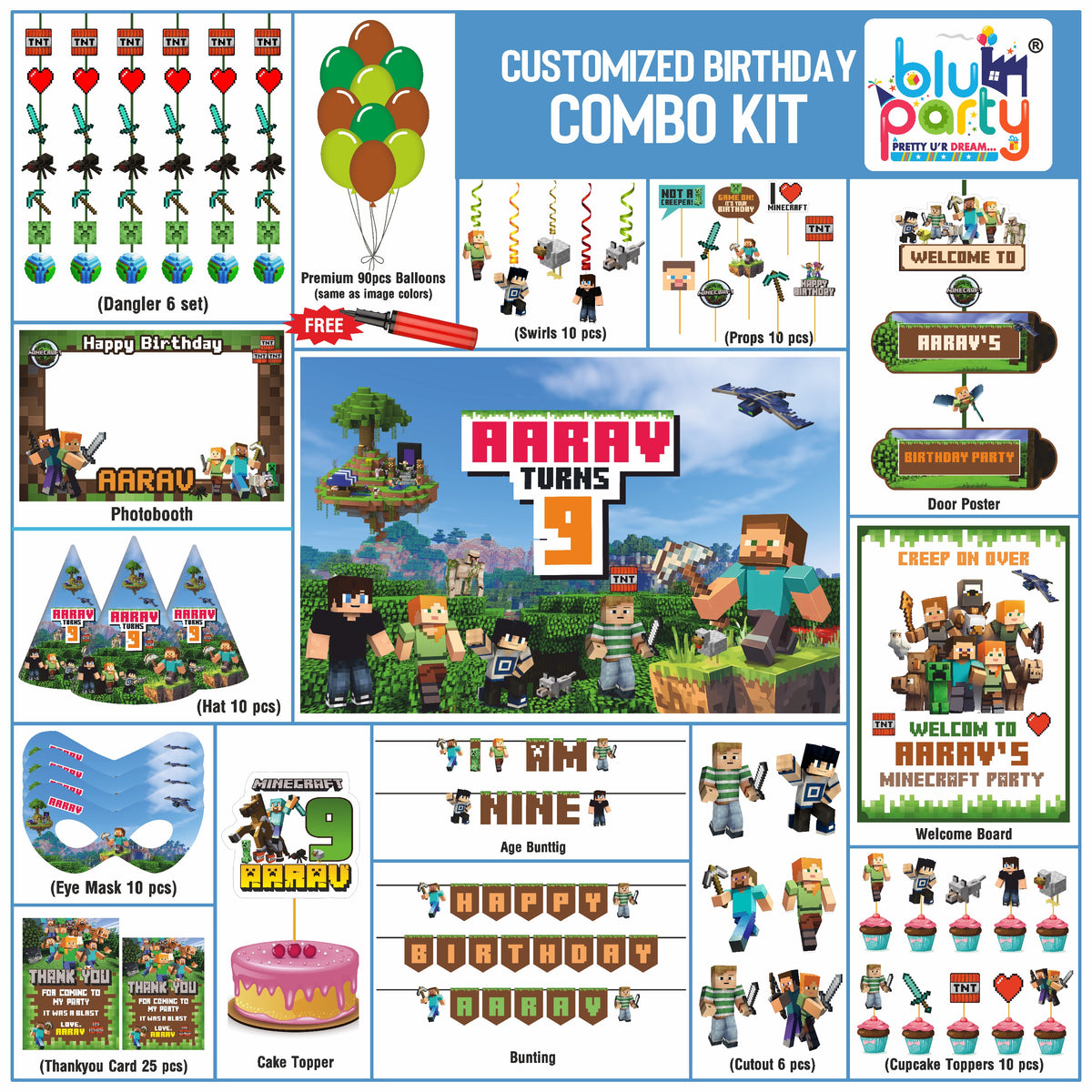 Minecarft Birthday Theme Personalized Elite Combo Kit | Kids Party Decoration