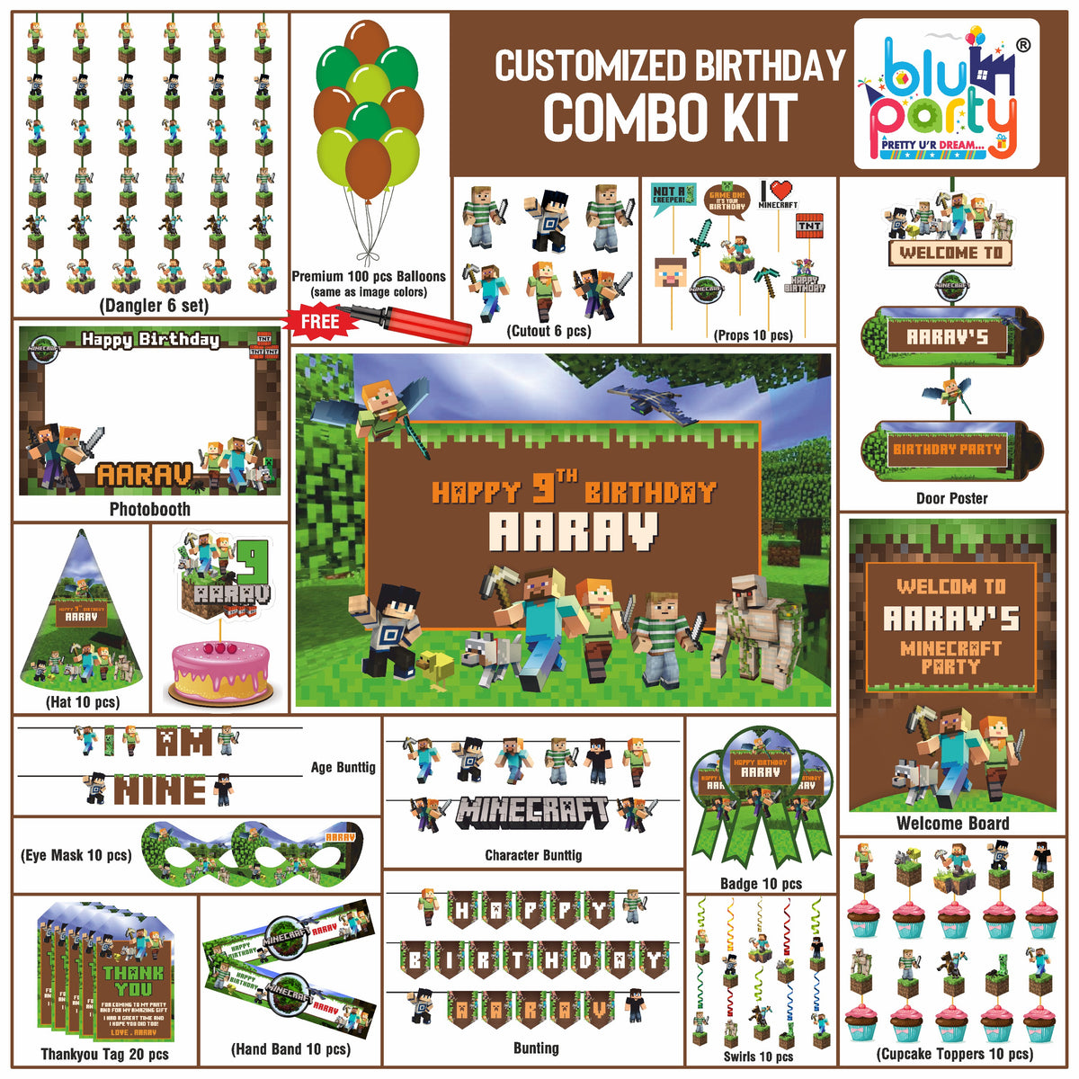 Minecraft Birthday Theme Personalized Prime Combo Kit | Kids Party Decoration