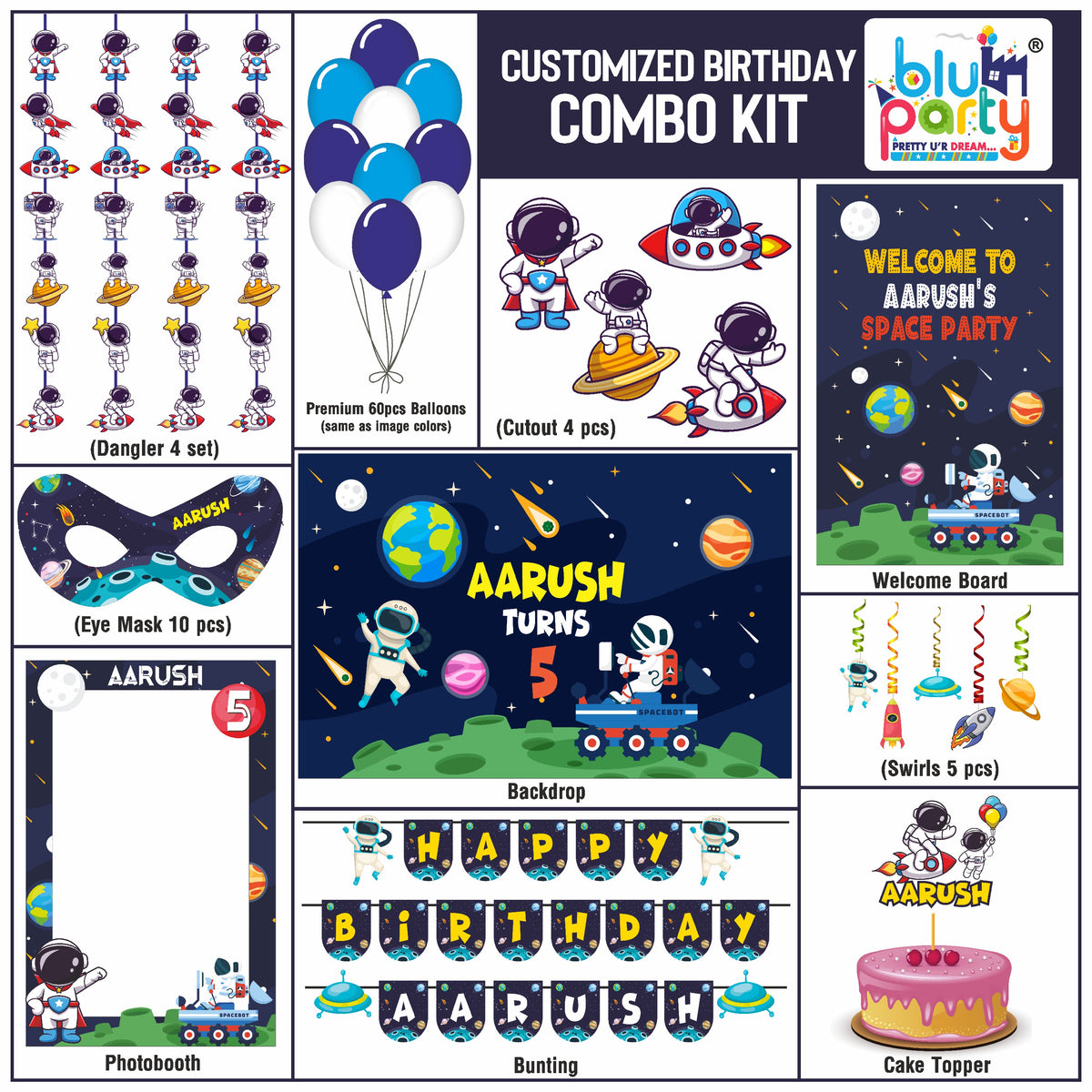 Space Birthday Theme Personalized Compact Combo Kit | Kids Party Decoration