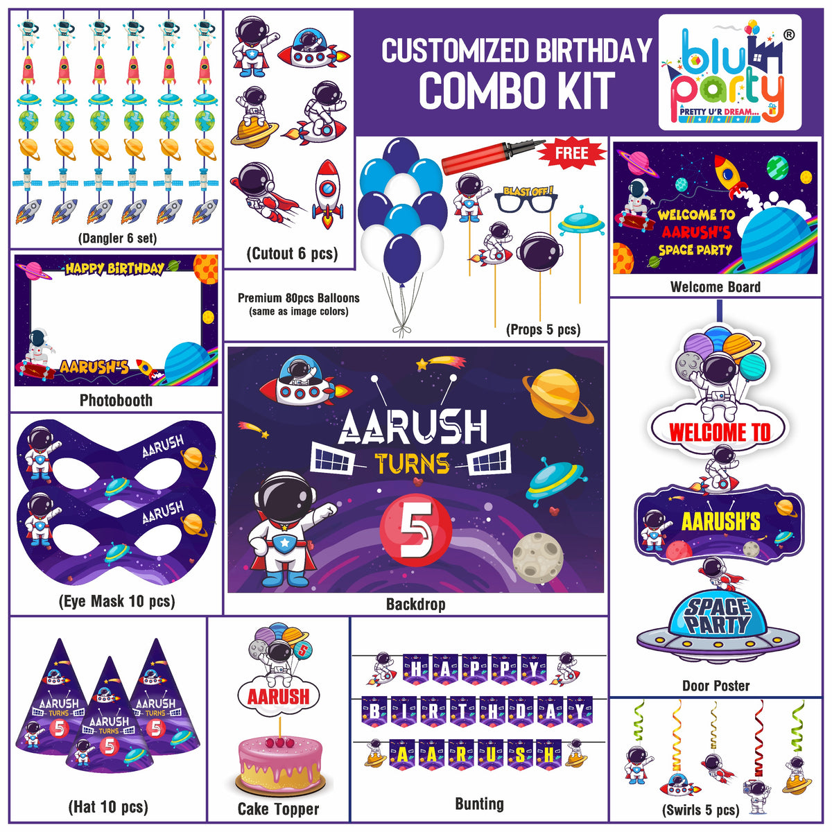 Space Birthday Theme Personalized Smart Combo Kit | Kids Party Decoration