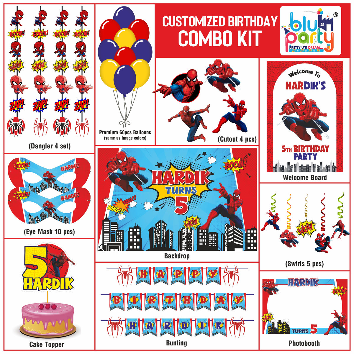 Spiderman Birthday Theme Personalized Compact Combo Kit | Kids Party Decoration