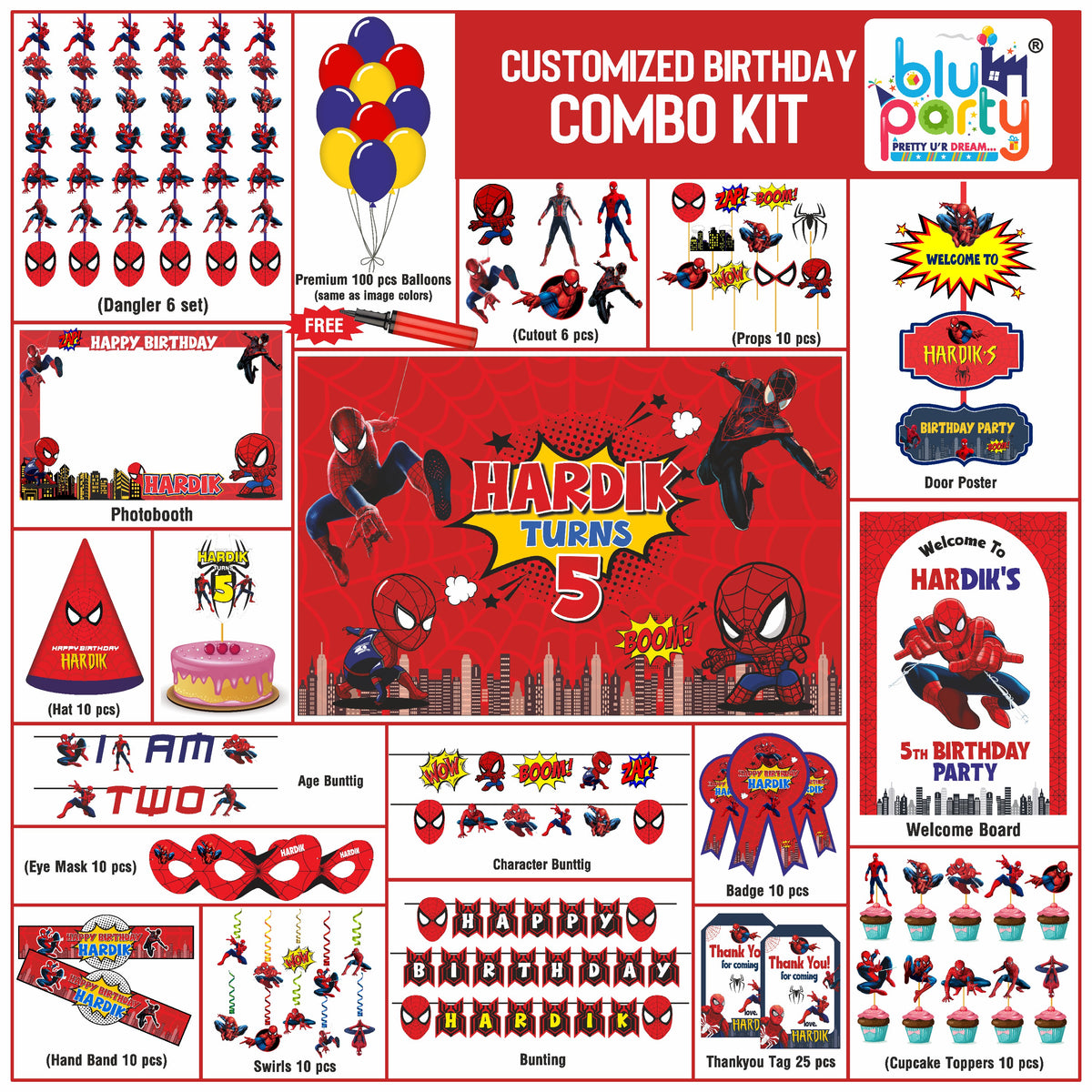 Spiderman Birthday Theme Personalized Prime Combo Kit | Kids Party Decoration
