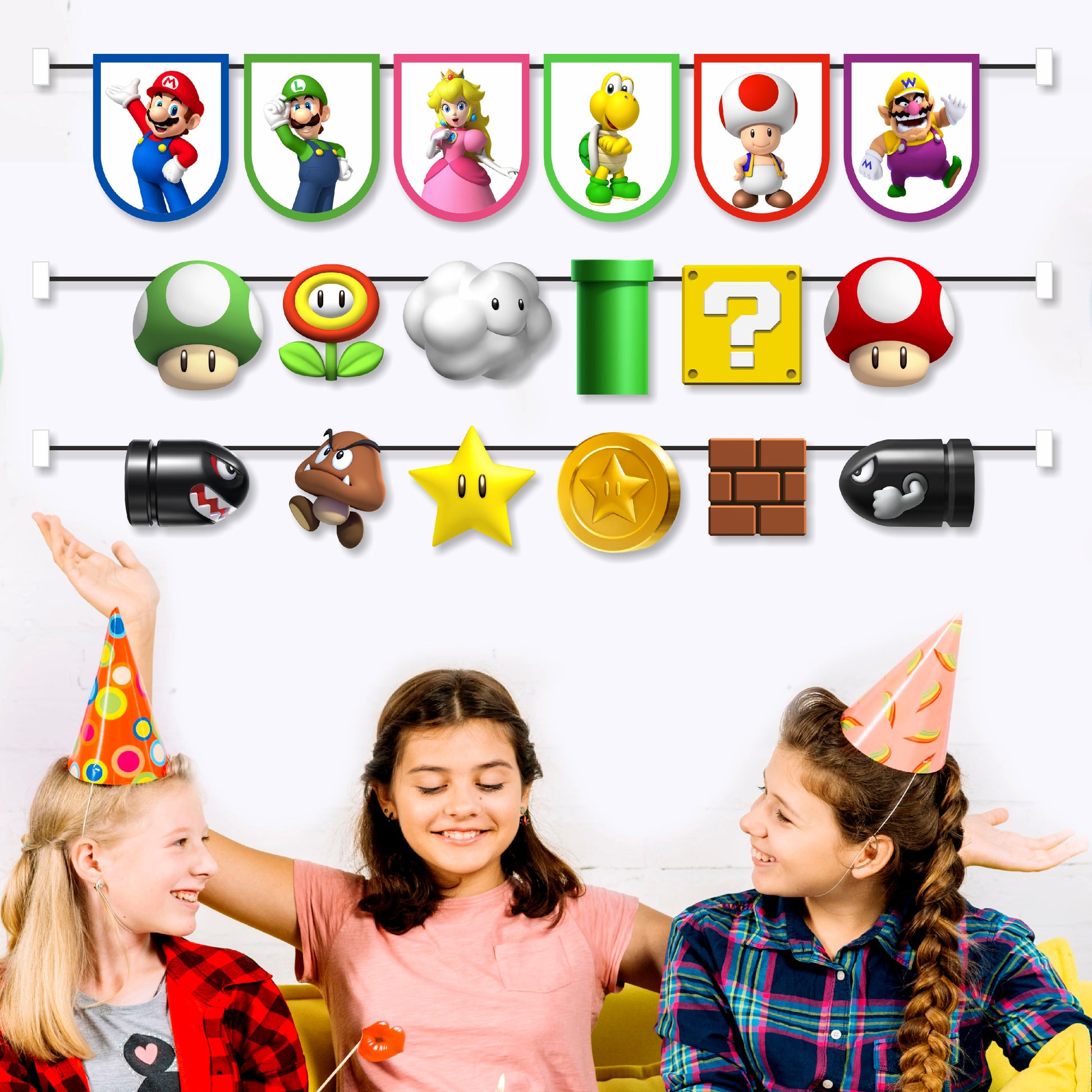 Super mario birthday theme character bunting for birthday party