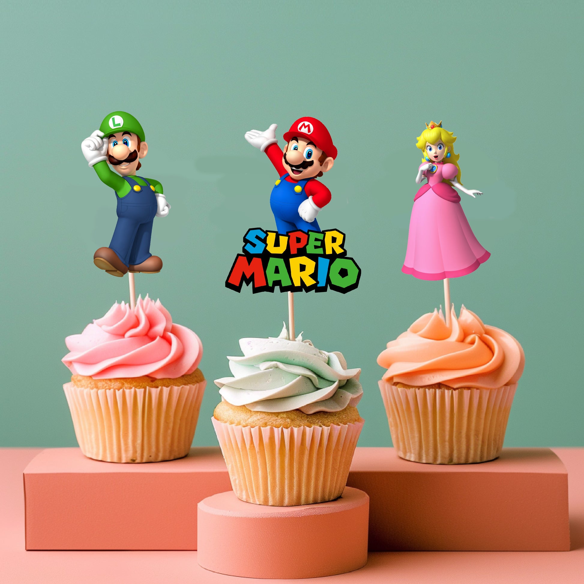 Super Mario Birthday theme cupcake topper on cupcake
