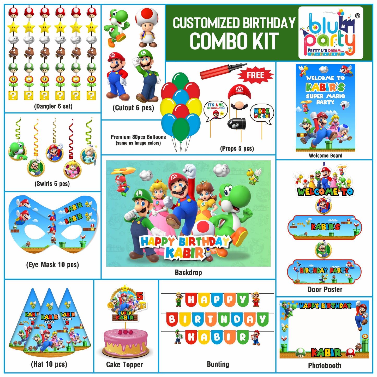 Super Mario Birthday Personalised Party Smart Kit for Birthday Decoration