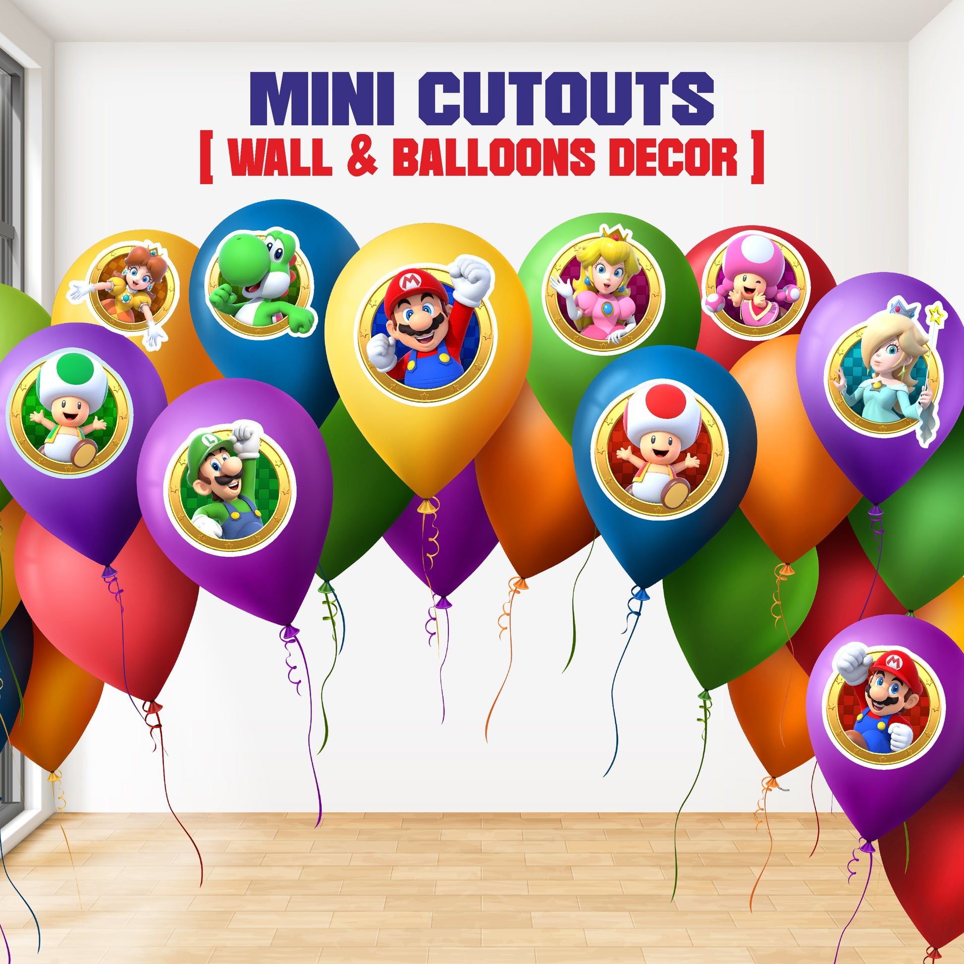 Super Mario Birthday Theme Character Mini Cutouts on balloons