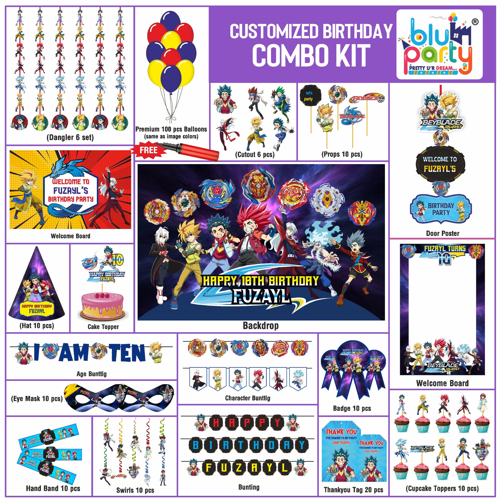 Beyblade birthday theme personalized Prime combo kit for kids party decoration