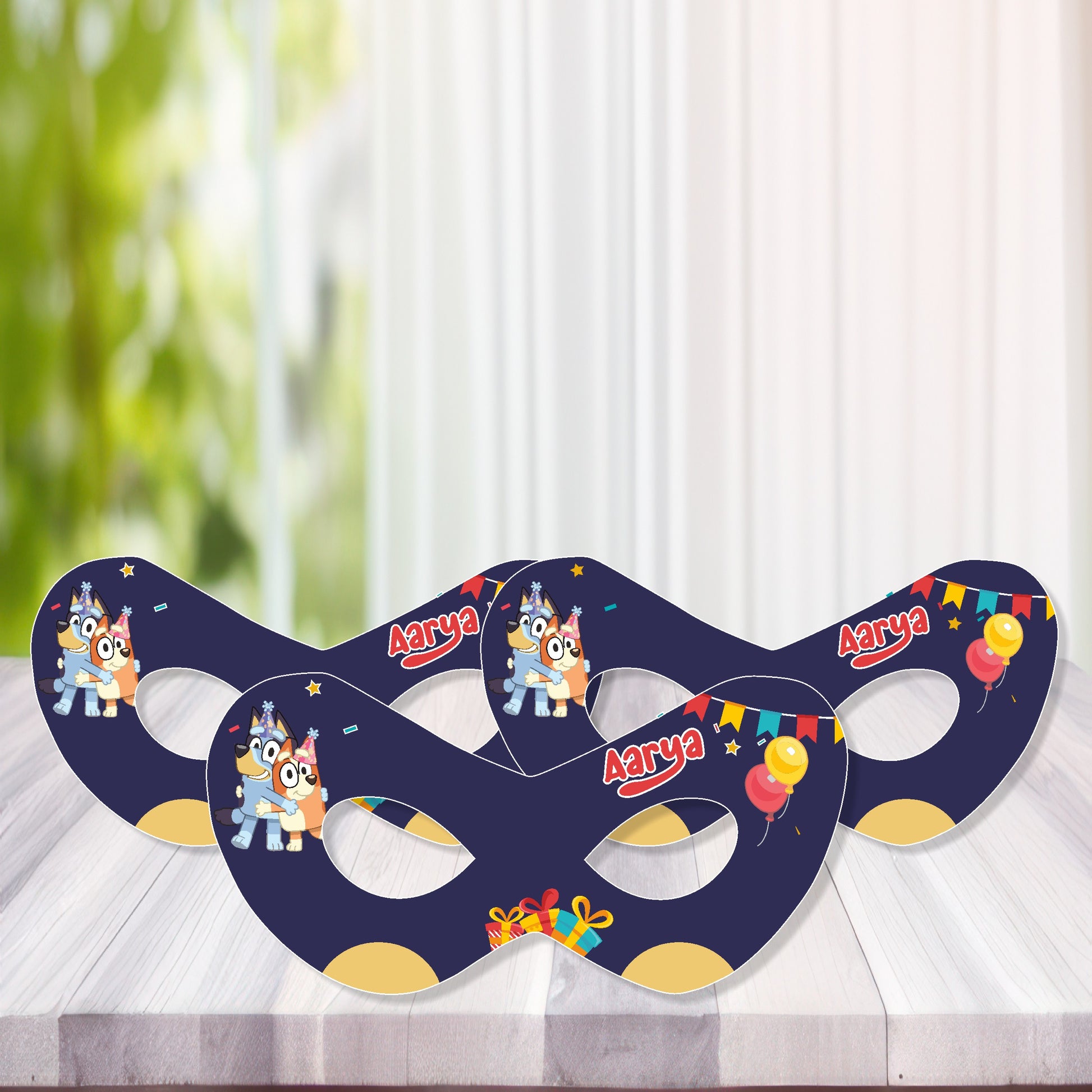 Kids wearing Bingo orange personalized eye mask at birthday party – custom name return gift India
