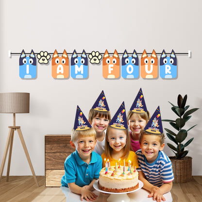 Bluey theme birthday age number bunting displayed on a party wall showing child's milestone birthday year, Bluey and Bingo character flag banner – BluParty India