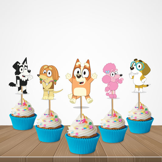 Bluey, Bingo, Bandit and Chilli Heeler family cupcake toppers displayed at a kids birthday party dessert table, all characters birthday cake decoration – BluParty India