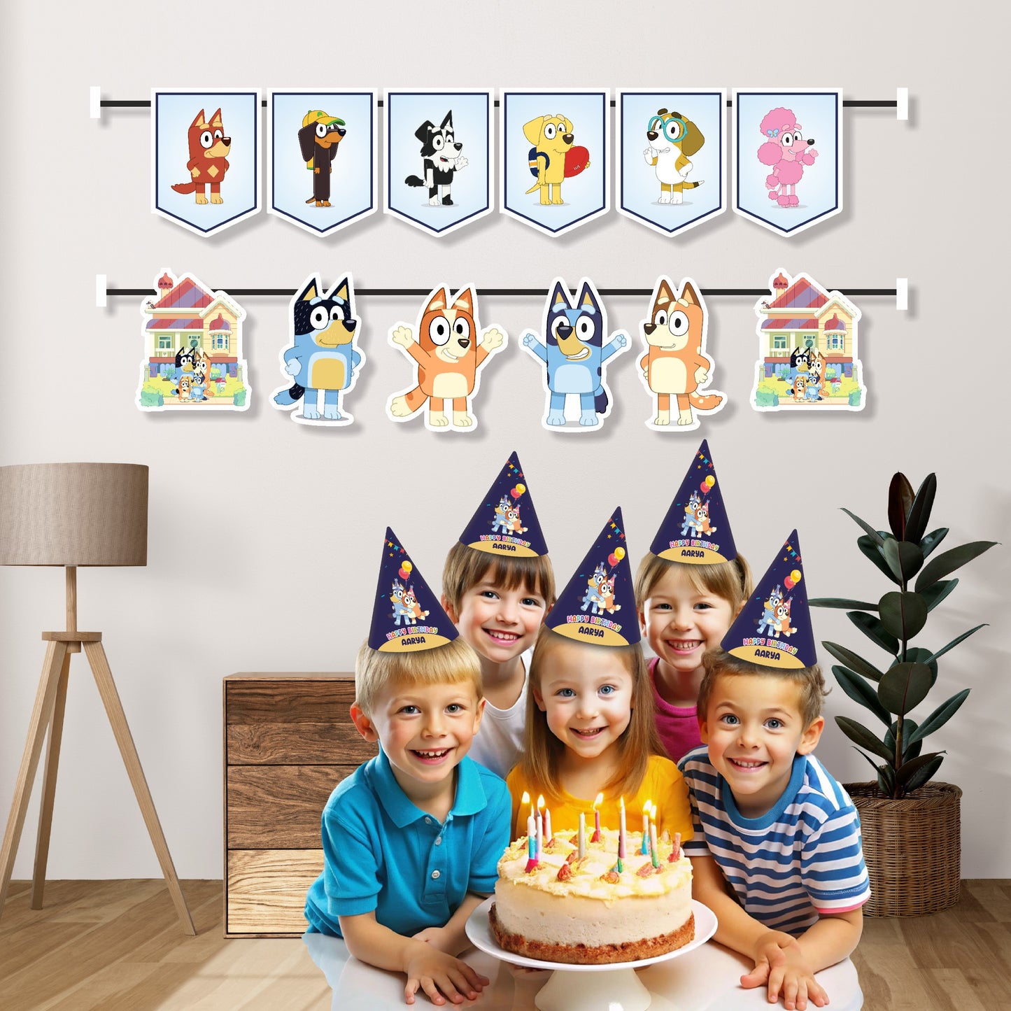 Bluey and Bingo character birthday banner hung as kids birthday party decoration, Heeler family bunting for Bluey birthday party – BluParty India