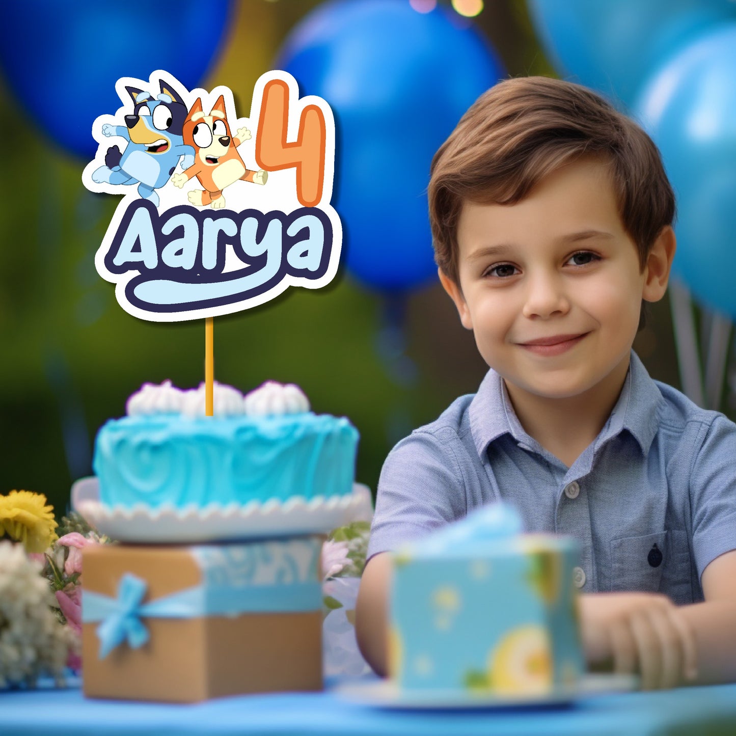 Bluey and Bingo themed personalised cake topper placed on a kids birthday cake as party decoration, Bluey birthday party supplies – BluParty India