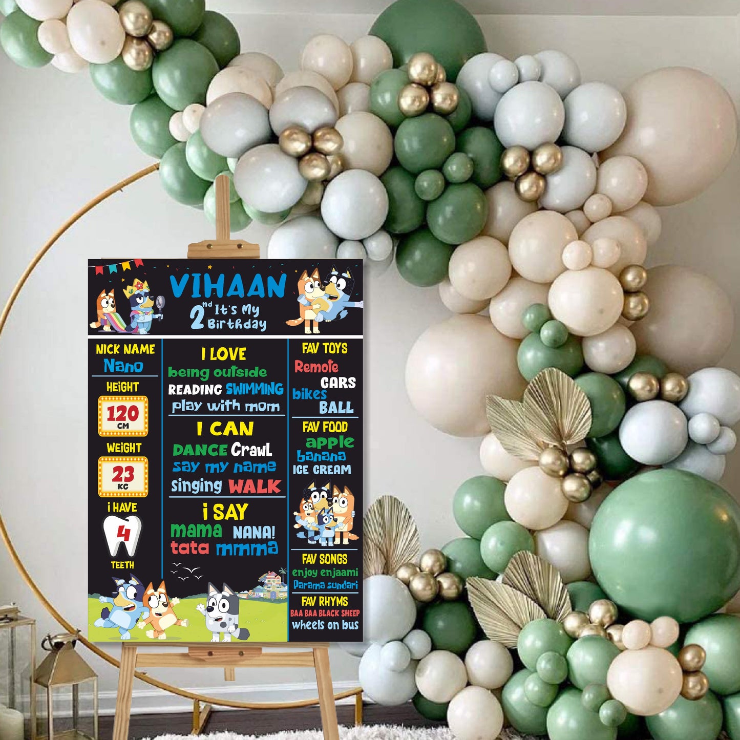 Bluey and Bingo themed personalised birthday milestone chalkboard used as a photo prop at a kids birthday party, showing all 14 milestone details – BluParty India
