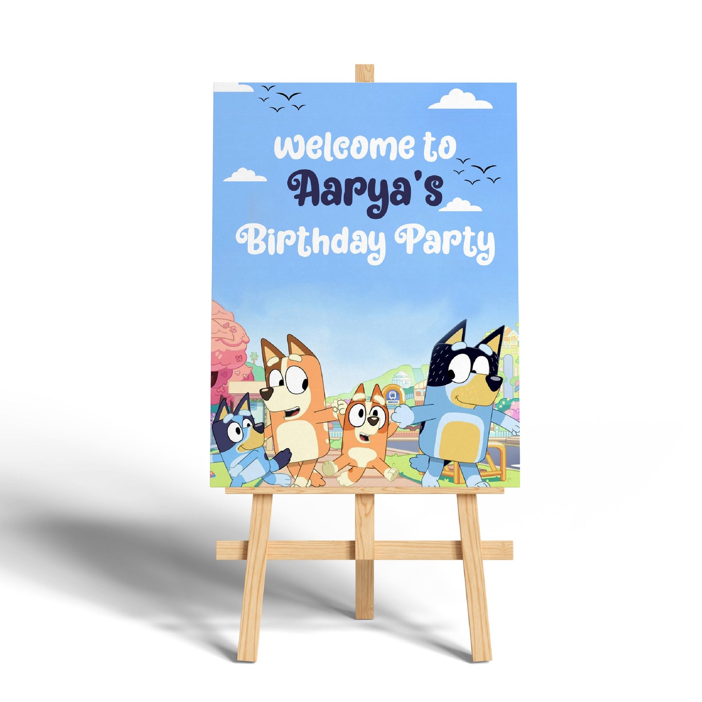 Personalised Bluey and Bingo birthday welcome board displayed at a kids birthday party entrance as a photo prop, Bluey themed party decoration on form board – BluParty India