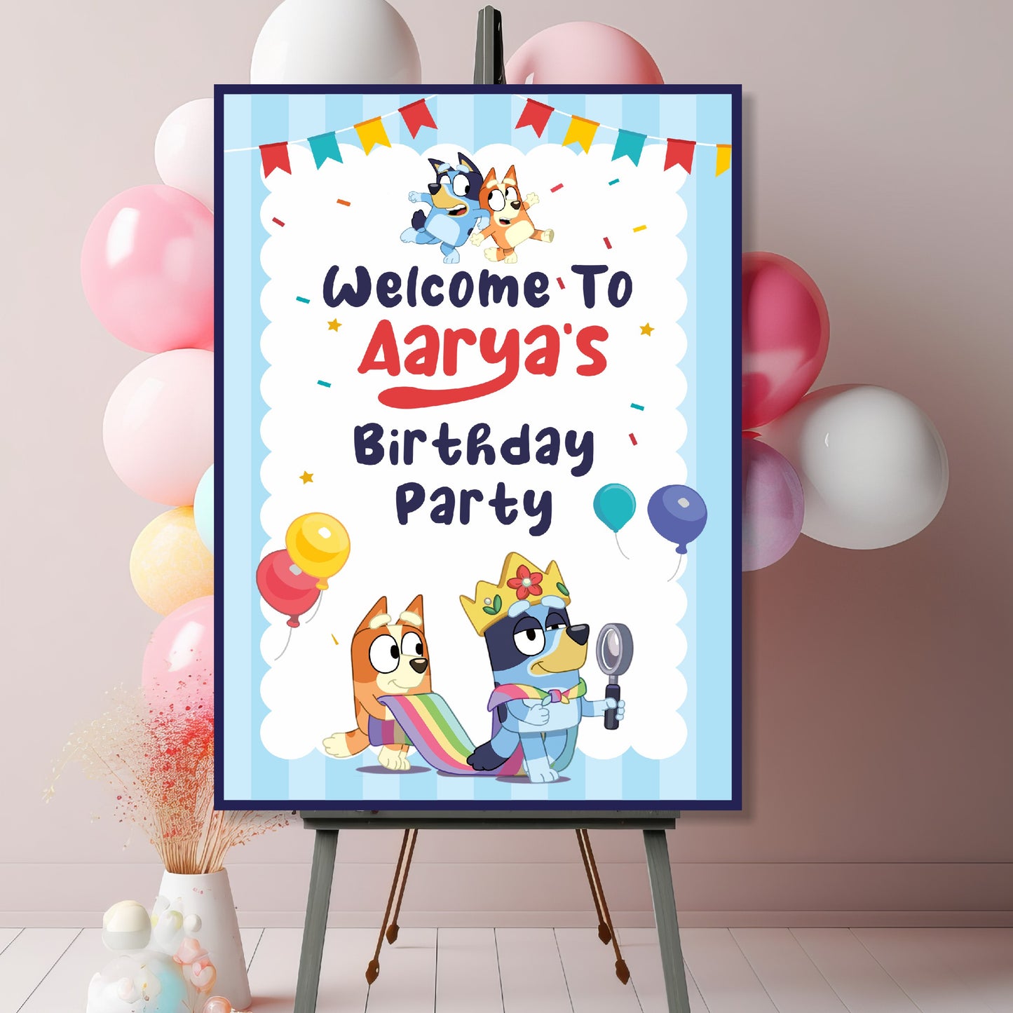 Bluey and Bingo personalised birthday welcome board displayed at a kids birthday party entrance as a photo prop, vibrant character party entrance sign – BluParty India