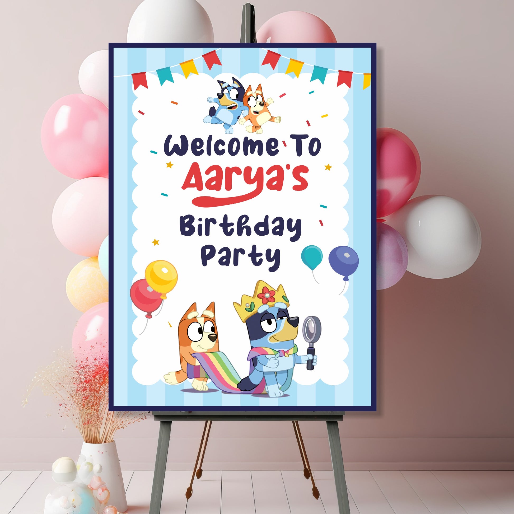 Bluey and Bingo personalised birthday welcome board displayed at a kids birthday party entrance as a photo prop, vibrant character party entrance sign – BluParty India