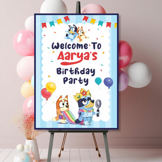 Bluey and Bingo personalised birthday welcome board displayed at a kids birthday party entrance as a photo prop, vibrant character party entrance sign – BluParty India