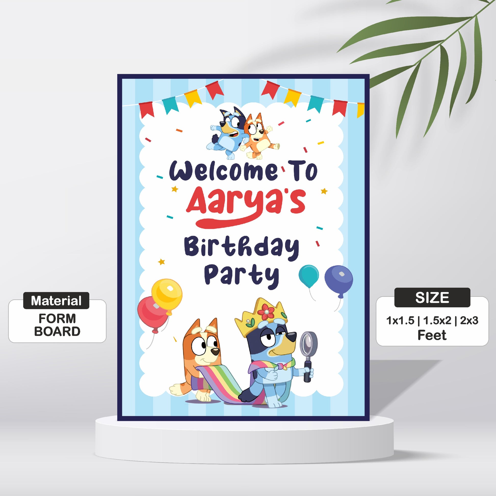 Close-up of Bluey and Bingo birthday welcome board showing personalised child's name and age with dual-character Heeler family artwork on premium 3–5mm form board – BluParty India