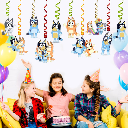 Bluey and Bingo themed hanging swirl ceiling decorations displayed above a kids birthday party table setup, vibrant spiral birthday party decoration – BluParty India